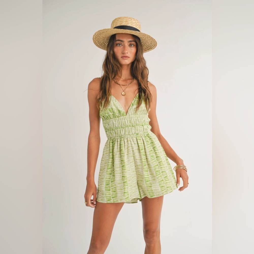 OUT AND ABOUT ELASTICATED ROMPER - LIME NATURAL